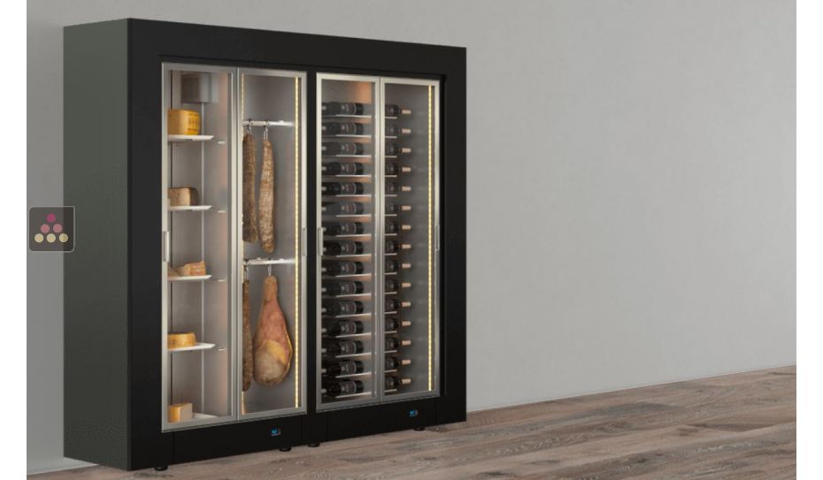 Freestanding combination of 2 professional refrigerated display cabinets for wine, cheese and cured meat - Flat frame