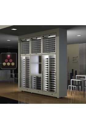 Combination of 6 modular multi-purpose wine cabinets with storage in an island unit
