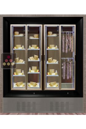 Combination of two modular built in cheese and delicatessen cabinets on iron stand