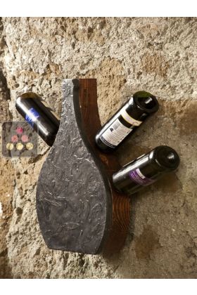 Stone and wood wall rack for 4 bottles