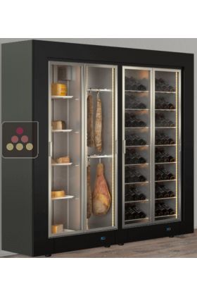 Freestanding combination of 2 professional refrigerated display cabinets for wine, cheese and cured meat - Flat frame