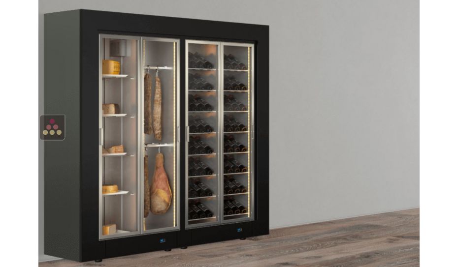 Freestanding combination of 2 professional refrigerated display cabinets for wine, cheese and cured meat - Flat frame