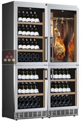 Built-in combination of 3 wine cabinets and a cold cuts cabinet - Stainless steel front - Inclined bottle display