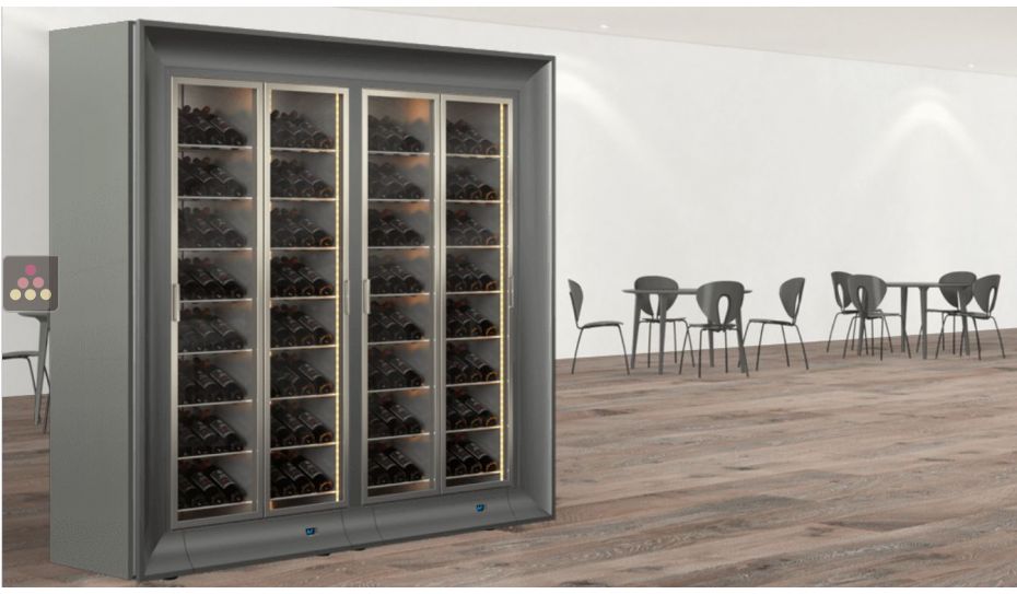 Combination of two professional multi-temperature wine display cabinets for central installation - Inclined bottles - Curved frames