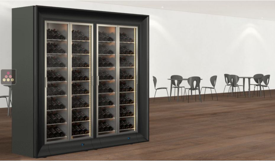 Combination of two professional multi-temperature wine display cabinets for central installation - Inclined bottles - Curved frames