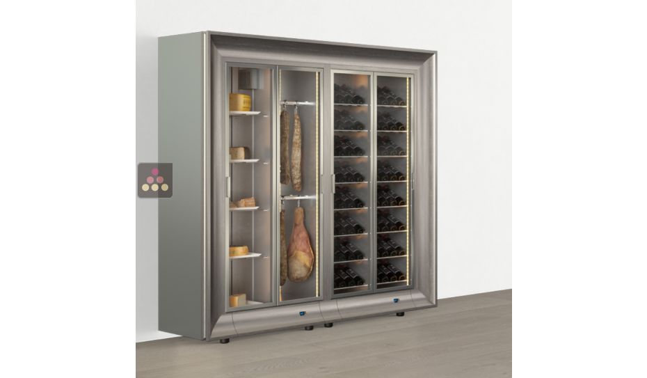 Freestanding combination of a multipurpose wine cabinet and a cheese/delicatessen cabinet in an island unit