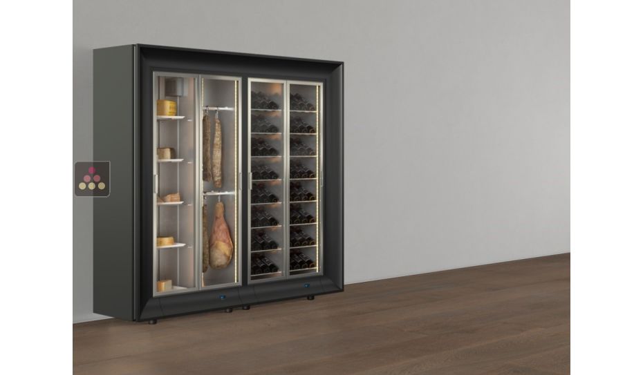 Freestanding combination of a multipurpose wine cabinet and a cheese/delicatessen cabinet in an island unit