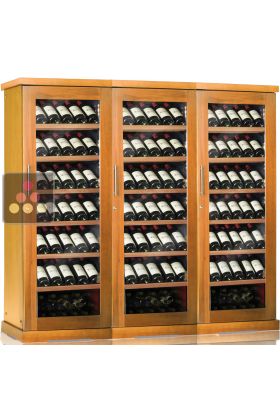 Combination of 3 single temperature wine service or storage cabinets - Massive wood housing - Inclined bottles 