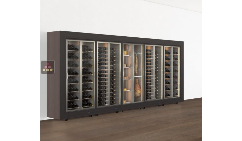 Combination of 4 freestanding modular wine cabinets and one cheese/delicatessen cabinet