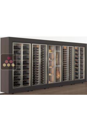 Combination of 4 freestanding modular wine cabinets and one cheese/delicatessen cabinet