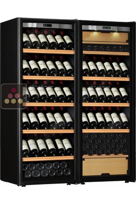 Combination of a single temperature wine cabinet and a 3 temperatures multipurpose wine cabinet