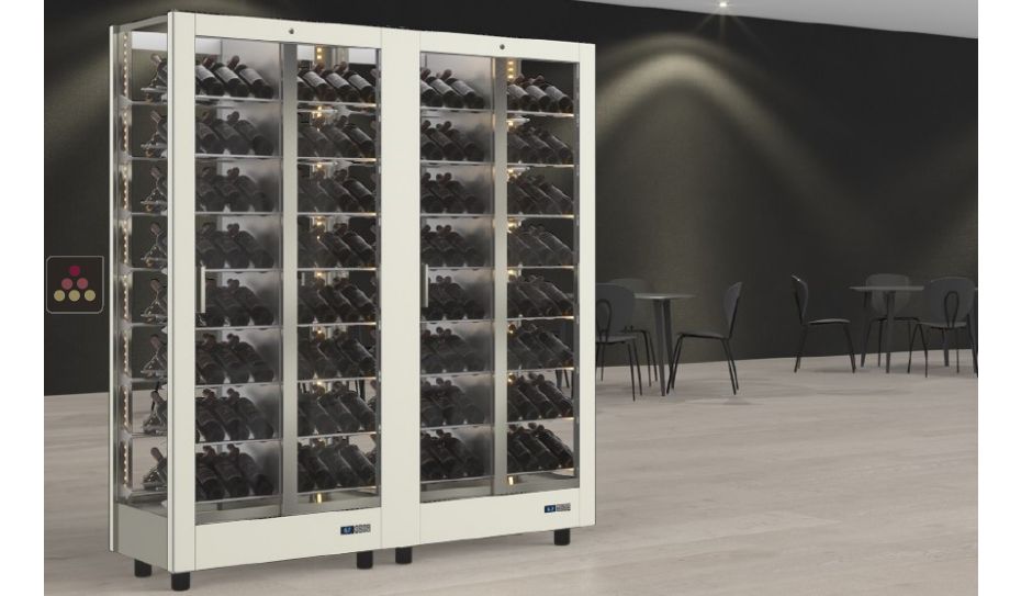 Combination of 2 professional multi-temperature wine display cabinets - 4 glazed sides - Inclined bottles - Magnetic and interchangeable cover