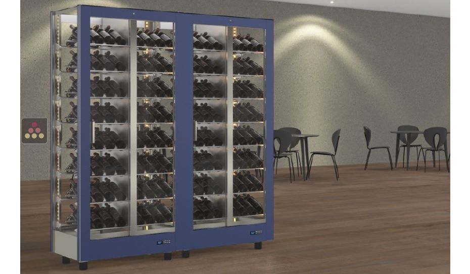 Combination of 2 professional multi-temperature wine display cabinets - 4 glazed sides - Inclined bottles - Magnetic and interchangeable cover