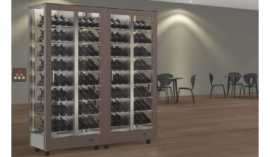 Combination of 2 professional multi-temperature wine display cabinets - 4 glazed sides - Inclined bottles - Magnetic and interchangeable cover