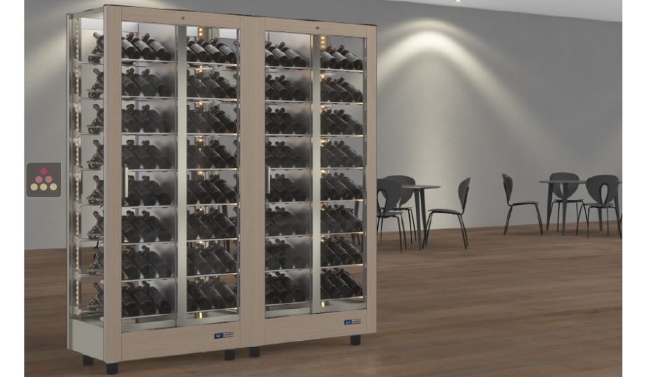 Combination of 2 professional multi-temperature wine display cabinets - 4 glazed sides - Inclined bottles - Magnetic and interchangeable cover