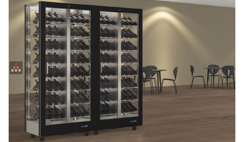 Combination of 2 professional multi-temperature wine display cabinets - 4 glazed sides - Inclined bottles - Magnetic and interchangeable cover