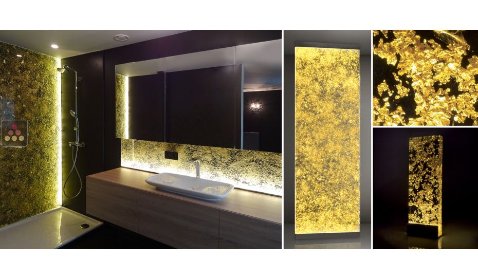 Synthetic glass panel with backlighting and custom engraved logo - Pépites Inclusions