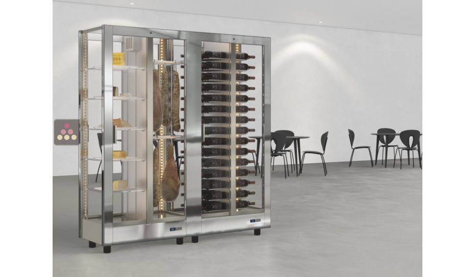 Combination of 2 professional refrigerated display cabinets for wine, cheese and cured meat - 4 glazed sides - Magnetic cover interchangeable