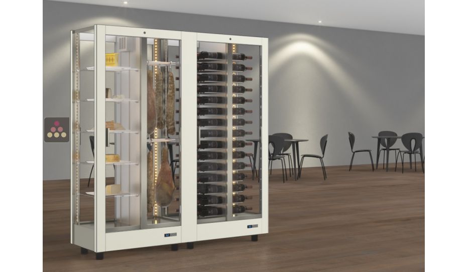 Combination of 2 professional refrigerated display cabinets for wine, cheese and cured meat - 4 glazed sides - Magnetic cover interchangeable