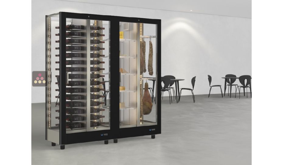 Combination of 2 professional refrigerated display cabinets for wine, cheese and cured meat - 4 glazed sides - Magnetic cover interchangeable