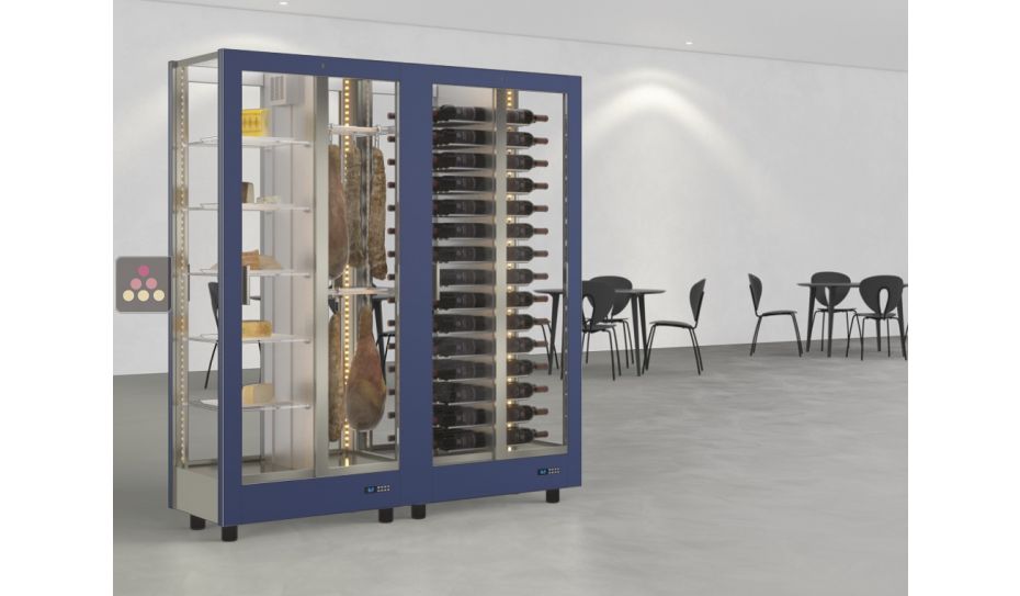 Combination of 2 professional refrigerated display cabinets for wine, cheese and cured meat - 4 glazed sides - Magnetic cover interchangeable