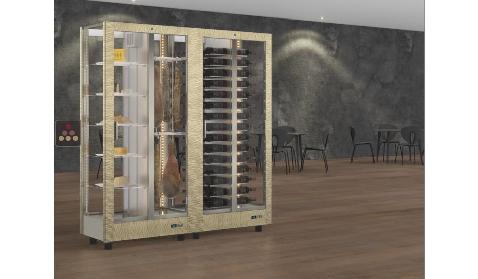 Combination of 2 professional refrigerated display cabinets for wine, cheese and cured meat - 4 glazed sides - Magnetic cover interchangeable