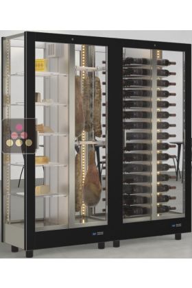 Combination of 2 professional refrigerated display cabinets for wine, cheese and cured meat - 4 glazed sides - Magnetic cover interchangeable