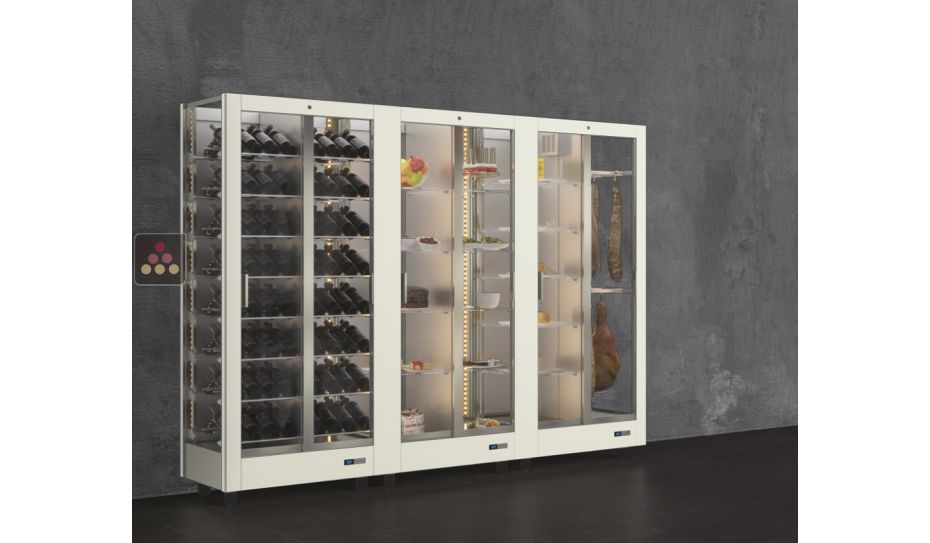 Combination of 3 professional refrigerated display cabinets for wine, cheese/cured meat and snack/desserts - 3 glazed sides - Magnetic and interchangeable cover