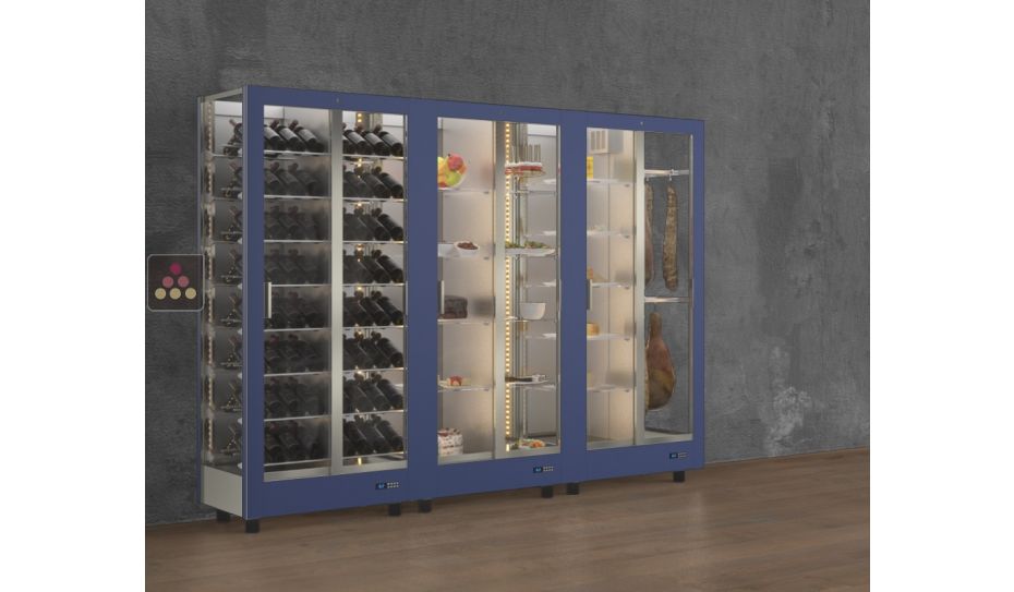 Combination of 3 professional refrigerated display cabinets for wine, cheese/cured meat and snack/desserts - 3 glazed sides - Magnetic and interchangeable cover