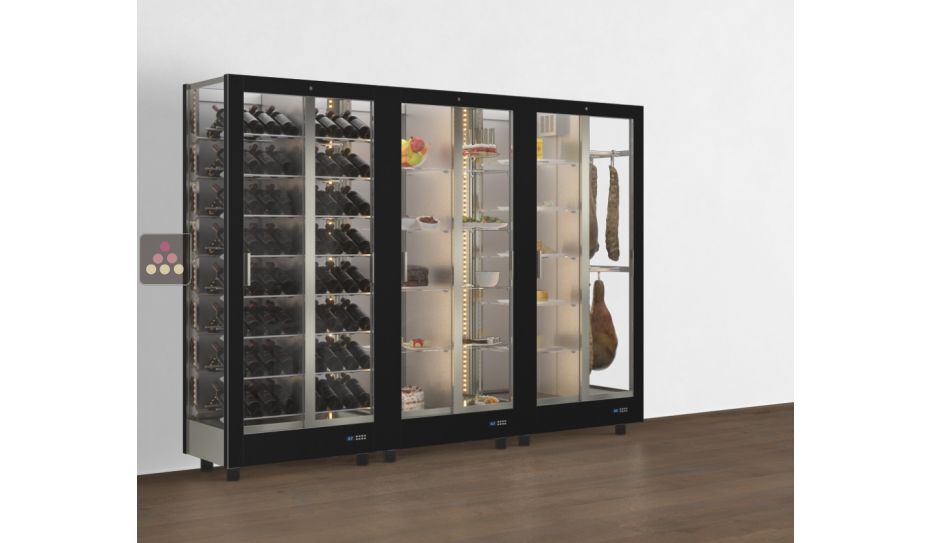 Combination of 3 professional refrigerated display cabinets for wine, cheese/cured meat and snack/desserts - 3 glazed sides - Magnetic and interchangeable cover