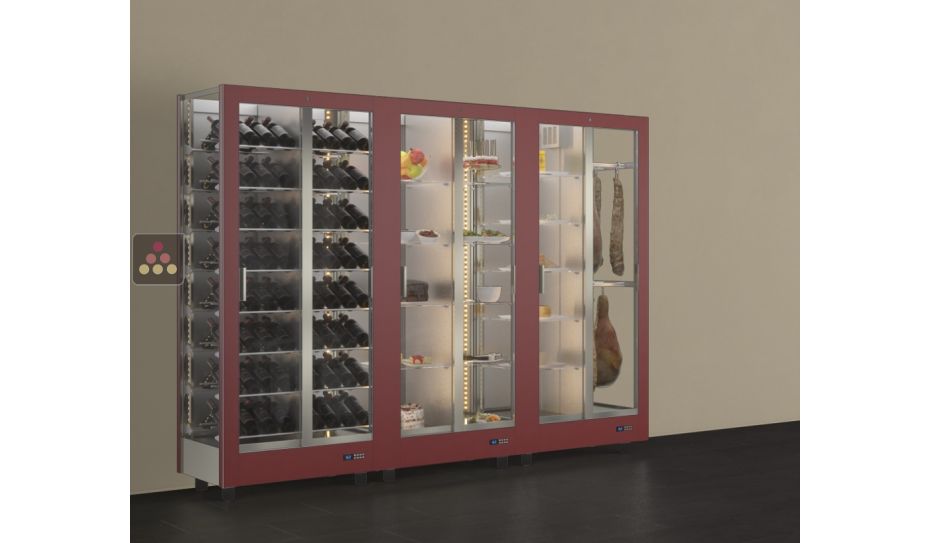 Combination of 3 professional refrigerated display cabinets for wine, cheese/cured meat and snack/desserts - 3 glazed sides - Magnetic and interchangeable cover