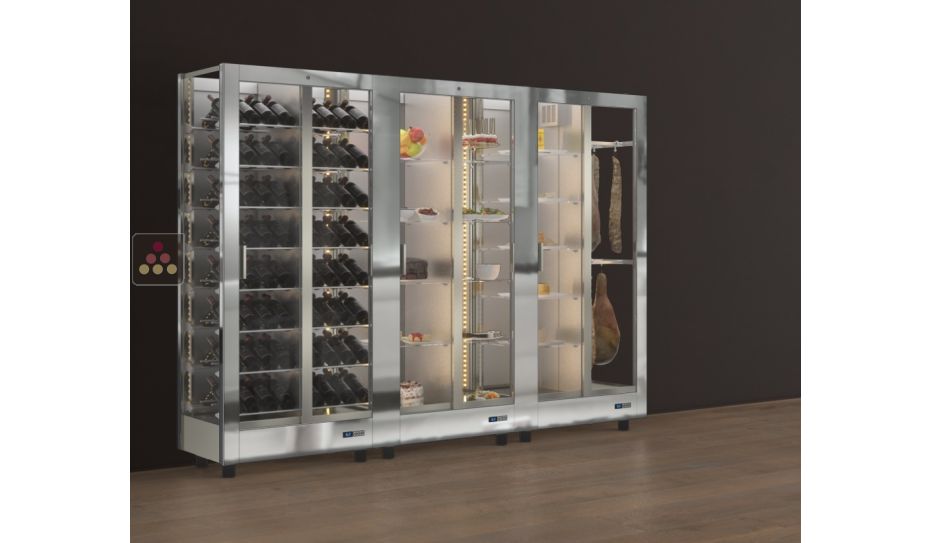 Combination of 3 professional refrigerated display cabinets for wine, cheese/cured meat and snack/desserts - 3 glazed sides - Magnetic and interchangeable cover