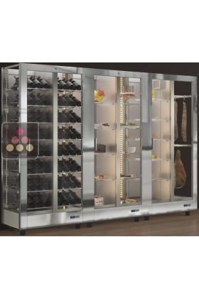 Combination of 3 professional refrigerated display cabinets for wine, cheese/cured meat and snack/desserts - 3 glazed sides - Magnetic and interchangeable cover