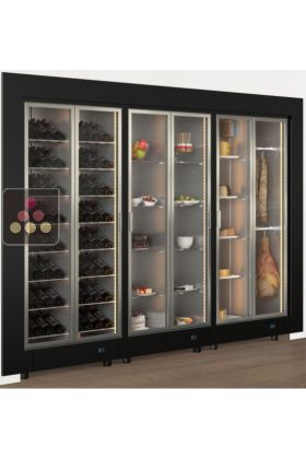 Built-in combination of 3 professional refrigerated display cabinets for wine, cheese/cured meat and snack/desserts - Flat frame
