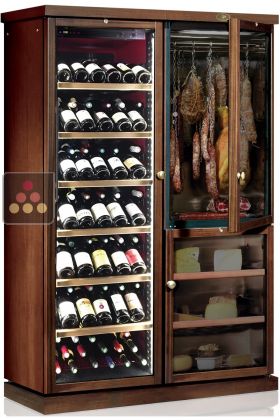 Combination of a multi-temperature wine cabinet, a cheese and cured meat - Wood cladding - Inclined bottle display