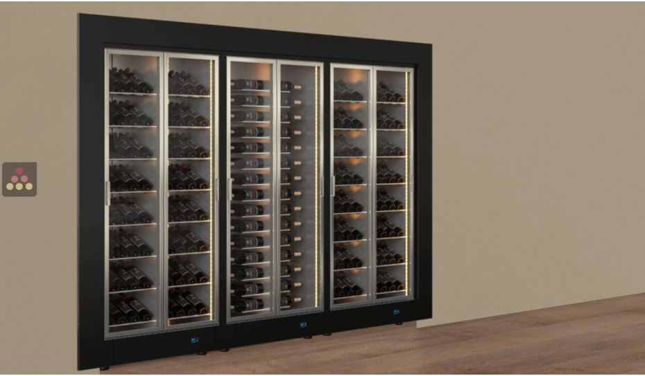 Built-in modular combination of 3 professional multi-temperature wine display cabinets - Inclined/horizontal bottles - Flat frame