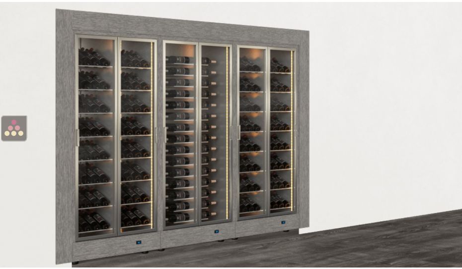 Built-in modular combination of 3 professional multi-temperature wine display cabinets - Inclined/horizontal bottles - Flat frame