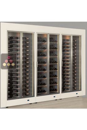 Built-in modular combination of 3 professional multi-temperature wine display cabinets - Horizontal/inclined bottles - Flat frame