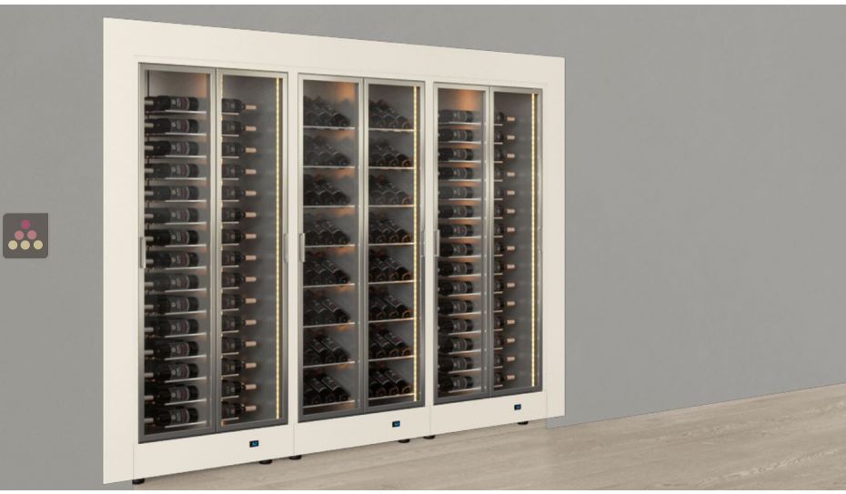 Built-in modular combination of 3 professional multi-temperature wine display cabinets - Horizontal/inclined bottles - Flat frame