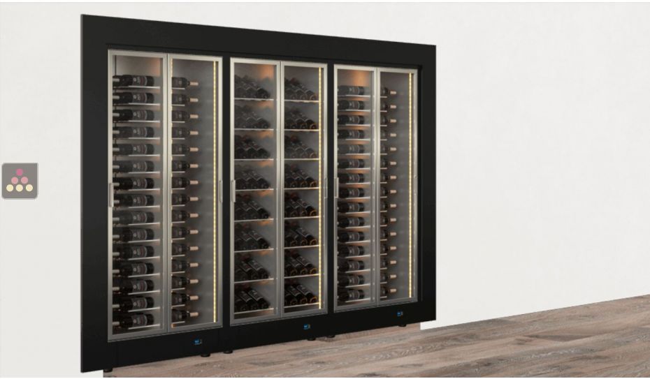 Built-in modular combination of 3 professional multi-temperature wine display cabinets - Horizontal/inclined bottles - Flat frame