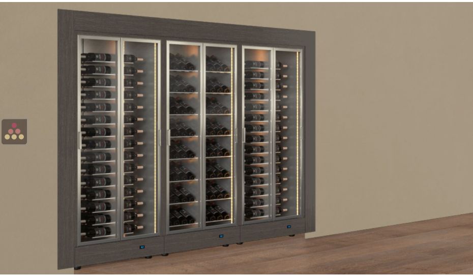 Built-in modular combination of 3 professional multi-temperature wine display cabinets - Horizontal/inclined bottles - Flat frame