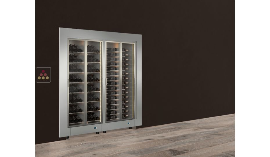 Built-in combination of two professional multi-temperature wine display cabinets - Horizontal and inclined bottles - Flat frame