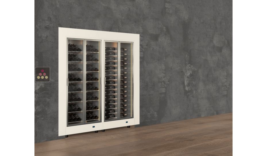 Built-in combination of two professional multi-temperature wine display cabinets - Horizontal and inclined bottles - Flat frame