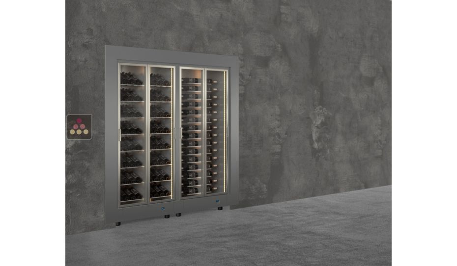 Built-in combination of two professional multi-temperature wine display cabinets - Horizontal and inclined bottles - Flat frame