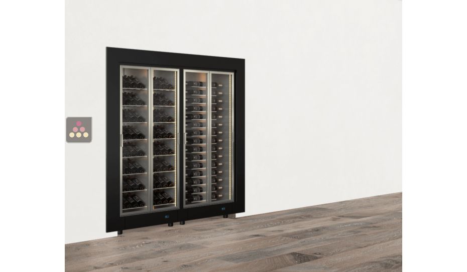 Built-in combination of two professional multi-temperature wine display cabinets - Horizontal and inclined bottles - Flat frame