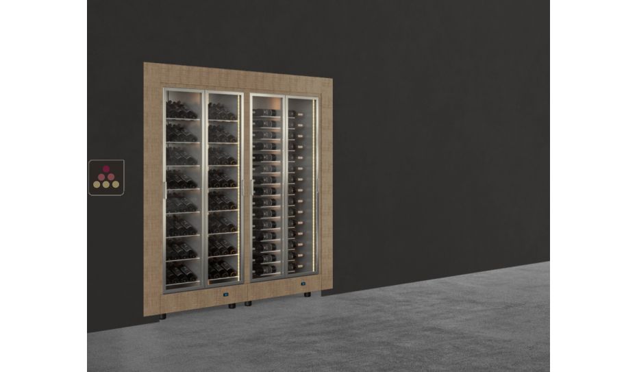 Built-in combination of two professional multi-temperature wine display cabinets - Horizontal and inclined bottles - Flat frame