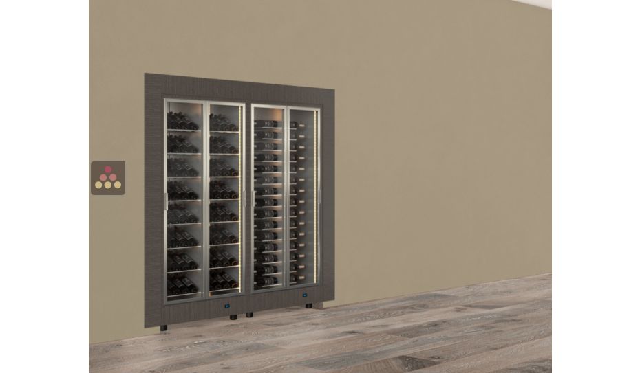 Built-in combination of two professional multi-temperature wine display cabinets - Horizontal and inclined bottles - Flat frame