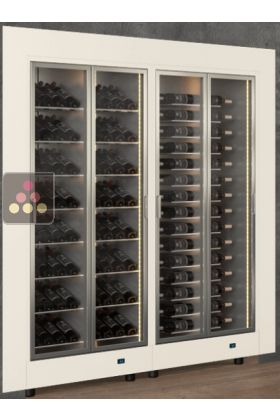 Built-in combination of two professional multi-temperature wine display cabinets - Horizontal and inclined bottles - Flat frame