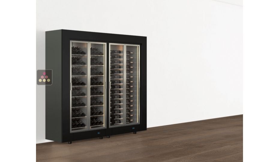 Freestanding combination of two professional multi-temperature wine display cabinets - Horizontal and inclined bottles - Flat frame