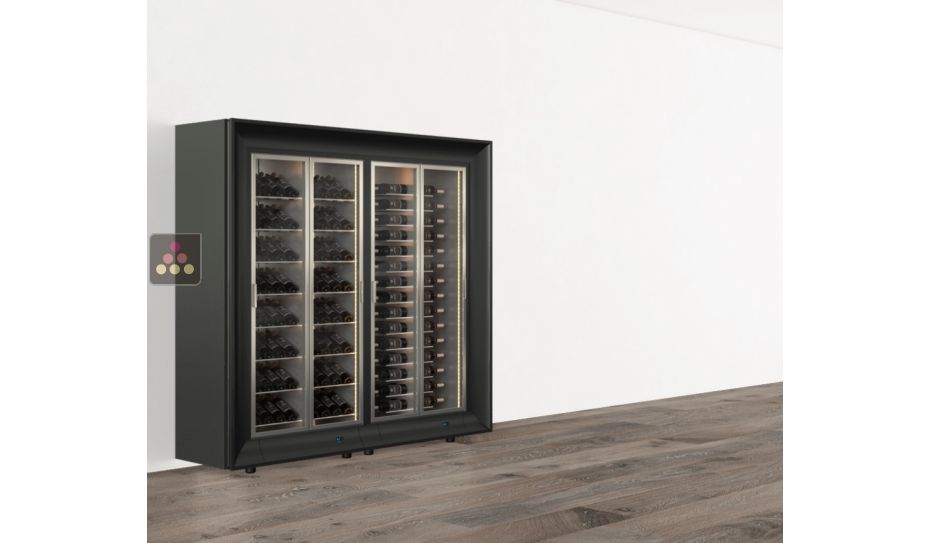 Freestanding combination of two professional multi-temperature wine display cabinets - Horizontal and inclined bottles -Curved frame